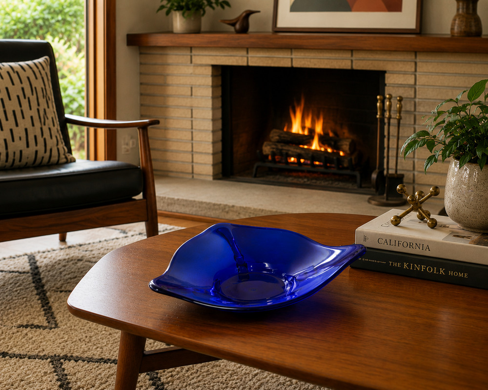 Vintage Cobalt Blue Hand Blown Glass Bowl Footed